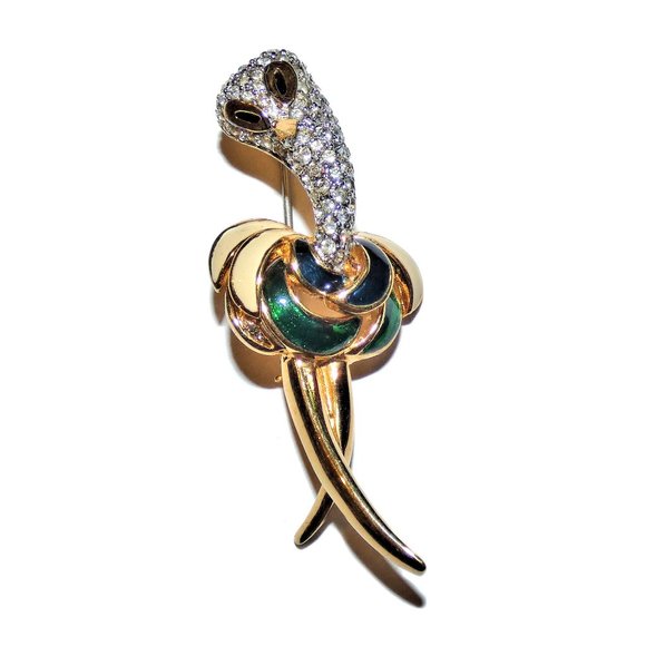 Vintage Signed JOMAZ Bird Brooch Rhinestone Enamel